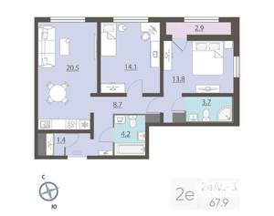 2-к квартира, вторичка, 68м2, 24/25 этаж