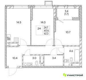 2-к квартира, вторичка, 62м2, 26/30 этаж