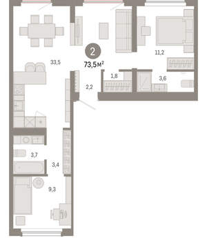 2-к квартира, вторичка, 73м2, 9/9 этаж