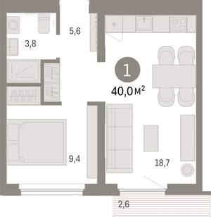 1-к квартира, вторичка, 40м2, 5/9 этаж