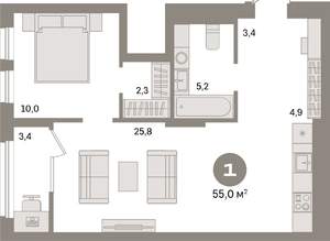 1-к квартира, вторичка, 55м2, 7/17 этаж