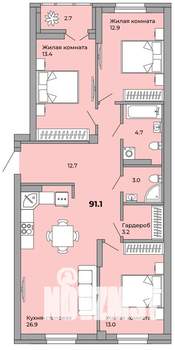 3-к квартира, сданный дом, 91м2, 7/21 этаж