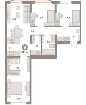 3-к квартира, вторичка, 87м2, 6/16 этаж
