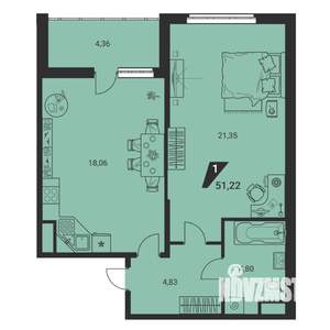 1-к квартира, вторичка, 51м2, 19/25 этаж