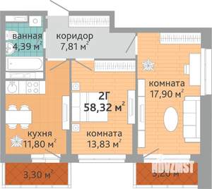 2-к квартира, строящийся дом, 58м2, 16/24 этаж