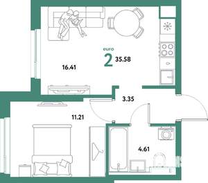 2-к квартира, строящийся дом, 36м2, 17/31 этаж