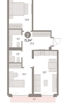 2-к квартира, вторичка, 71м2, 7/9 этаж