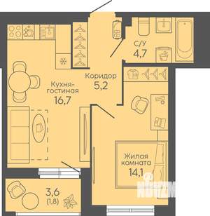 1-к квартира, вторичка, 41м2, 5/16 этаж