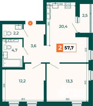 2-к квартира, строящийся дом, 58м2, 25/25 этаж