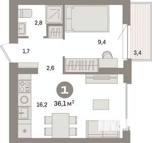 1-к квартира, вторичка, 36м2, 9/9 этаж