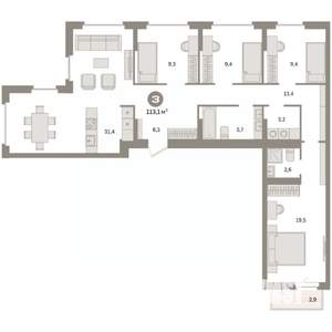 4-к квартира, вторичка, 113м2, 9/9 этаж