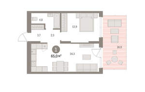 1-к квартира, вторичка, 65м2, 1/16 этаж