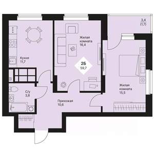 2-к квартира, вторичка, 60м2, 24/25 этаж