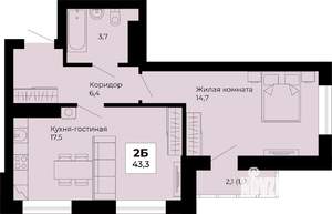 1-к квартира, строящийся дом, 43м2, 17/25 этаж