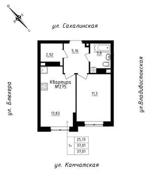 1-к квартира, строящийся дом, 37м2, 25/25 этаж