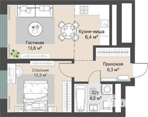 2-к квартира, строящийся дом, 43м2, 14/29 этаж