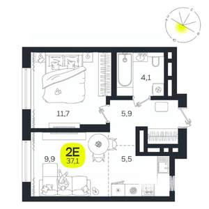 2-к квартира, вторичка, 37м2, 22/27 этаж