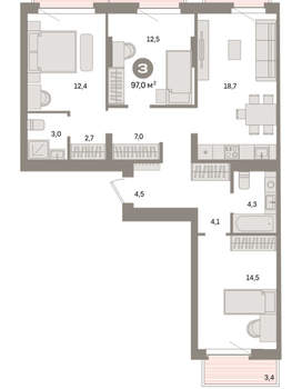 3-к квартира, вторичка, 97м2, 6/16 этаж