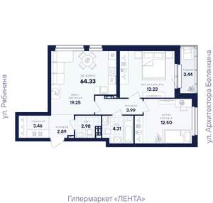 2-к квартира, вторичка, 64м2, 3/26 этаж
