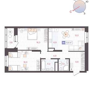 2-к квартира, вторичка, 73м2, 10/25 этаж