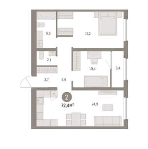 2-к квартира, вторичка, 72м2, 10/16 этаж