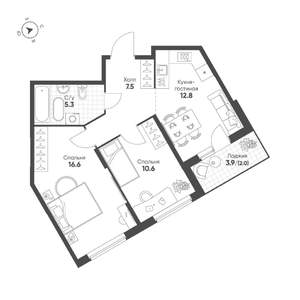 2-к квартира, строящийся дом, 55м2, 3/25 этаж