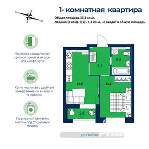 1-к квартира, строящийся дом, 33м2, 24/26 этаж