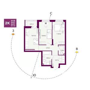 2-к квартира, строящийся дом, 56м2, 14/20 этаж