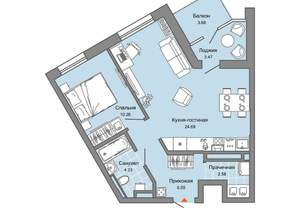 1-к квартира, вторичка, 51м2, 2/8 этаж