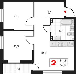 2-к квартира, вторичка, 58м2, 10/17 этаж