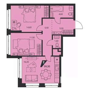 2-к квартира, вторичка, 59м2, 13/23 этаж