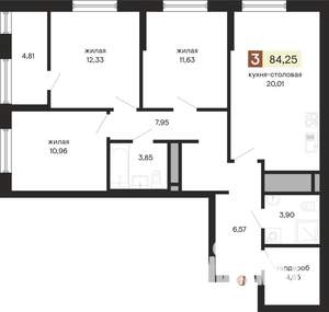 3-к квартира, строящийся дом, 84м2, 8/24 этаж