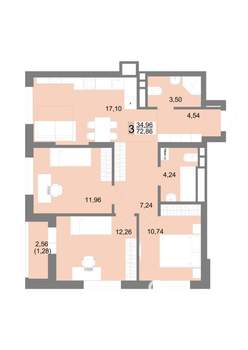 3-к квартира, строящийся дом, 73м2, 10/22 этаж