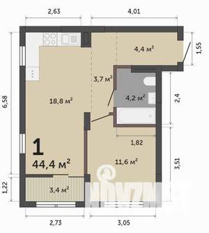 1-к квартира, строящийся дом, 44м2, 4/9 этаж