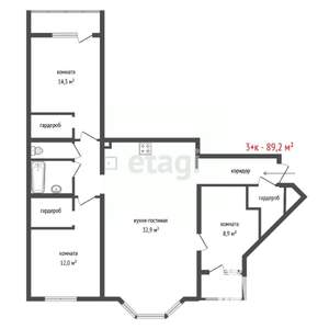 3-к квартира, вторичка, 89м2, 4/12 этаж