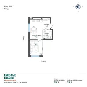 1-к квартира, вторичка, 35м2, 12/25 этаж