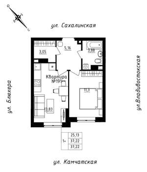 1-к квартира, строящийся дом, 37м2, 16/25 этаж