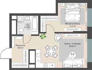 1-к квартира, строящийся дом, 45м2, 13/29 этаж