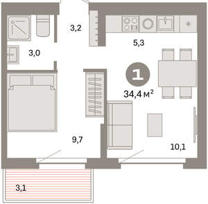 1-к квартира, вторичка, 34м2, 9/16 этаж