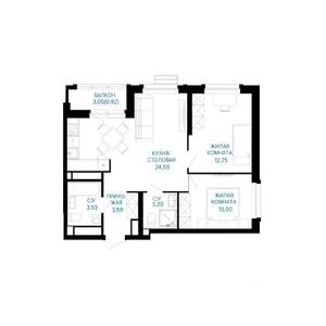 2-к квартира, строящийся дом, 59м2, 21/30 этаж
