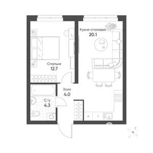 1-к квартира, строящийся дом, 41м2, 5/16 этаж