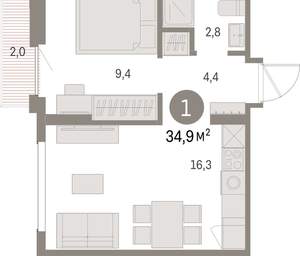 1-к квартира, вторичка, 35м2, 5/9 этаж