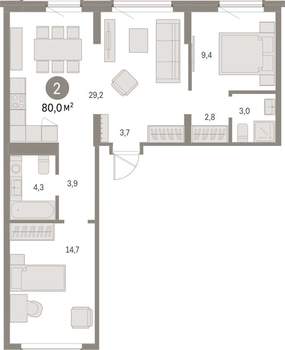 2-к квартира, вторичка, 80м2, 8/9 этаж