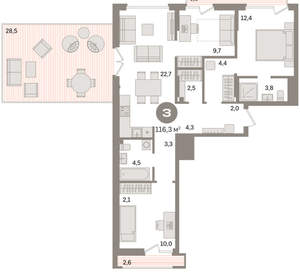 3-к квартира, вторичка, 116м2, 7/9 этаж