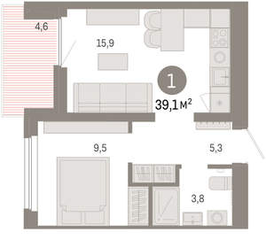 1-к квартира, вторичка, 39м2, 6/9 этаж