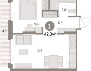 1-к квартира, вторичка, 42м2, 3/9 этаж