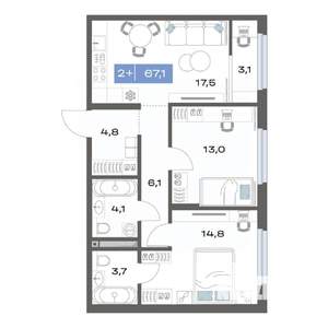 2-к квартира, строящийся дом, 67м2, 7/17 этаж