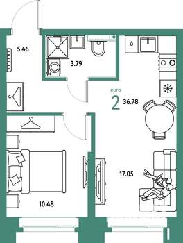 2-к квартира, строящийся дом, 37м2, 2/24 этаж