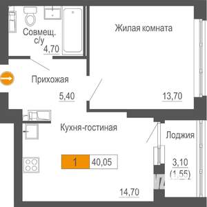 1-к квартира, строящийся дом, 40м2, 2/25 этаж