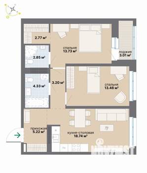 2-к квартира, вторичка, 67м2, 7/9 этаж